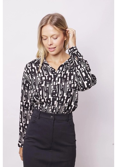 Kadın Likrasız Viskon Vual Desenli Yakalı Düşük Omuzlu Uzun Kol Şık Gömlek-Geometri Geometri