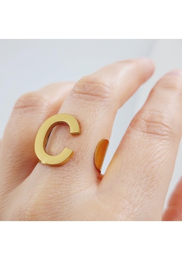 Çelik Gold Düz Kesim Harf Yüzük -c Harfi- Ayarlı Ölçü-1890 Altın