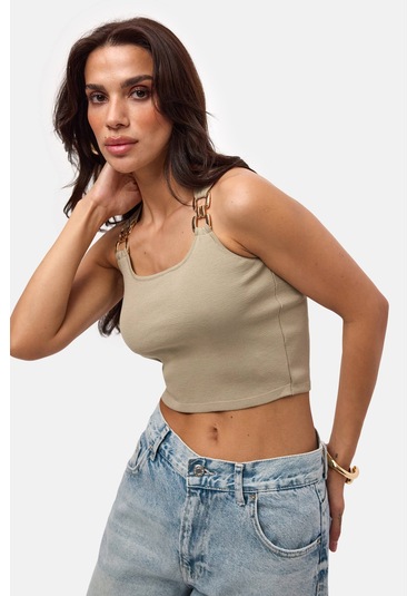 Kadın Haki S6-106 Aksesuar Detaylı Crop Bluz