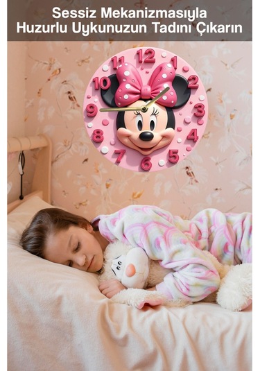 Minnie Mouse Temalı Pembe Mdf Duvar Saati 3d Görünümlü, Sessiz Mekanizmalı, 2d Hd Baskı Sdw235 Renkli