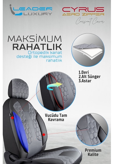 Hyundai Accent Era Uyumlu Deri Detaylı Oto Koltuk Kılıfı Ön Arka Takım Cyrus Füme