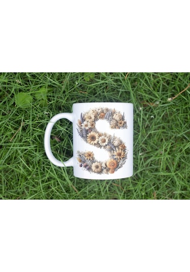 S Harfi Çiçek Desenli Kupa Bardak - Alfabe Harfleri İle Doğal Çiçekli Kupa - Hediye Fikir Beyaz