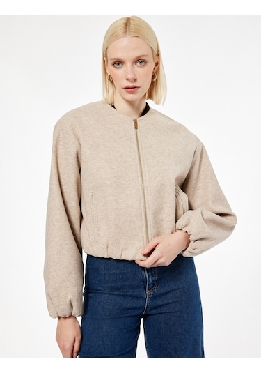 Koton Fermuarlı Bisiklet Yaka Uzun Kollu Crop Kaşe Kolej Bomber Ceket Vizon 6wak20207ew VIZON