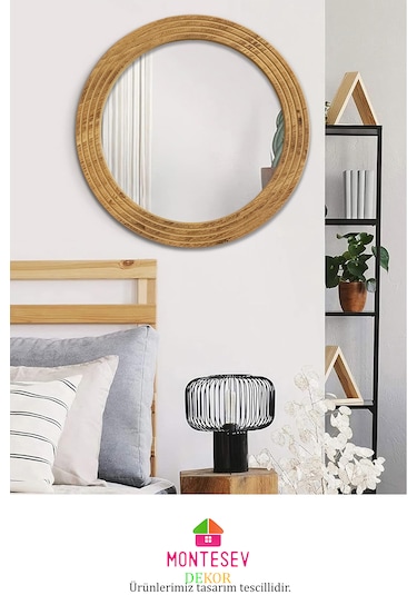Antik Ahşap Dekoratif Ayna Yuvarlak Banyo Duvar Aynası 56 Cm Naturel