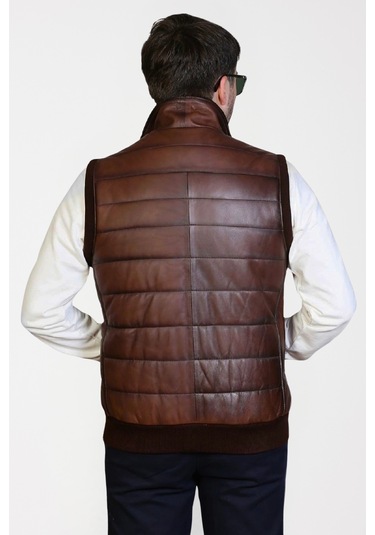 Derije Max Hakiki Deri Erkek Kahverengi Triko Detaylı Şişme Yelek