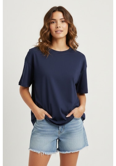 Soft&Basic Kadın %100 Organik Pamuk Oversize Fit Basic Yuvarlak Yaka T-shirt Lacivert