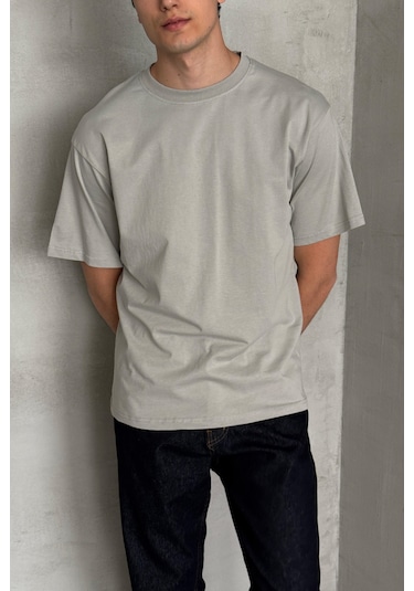 Hyman Erkek %100 Pamuk Oversize Basic T-shirt Gri