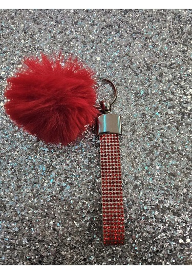 Kırmızı Taşlı Kırmızı Tavşan Tüylü Anahtarlık