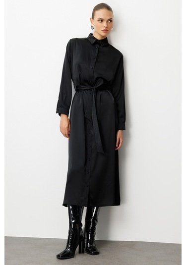 Mizalle Siyah Saten Maksi Gömlek Elbise Siyah