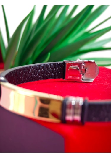 Çelik Derili Bileklik Kişiye Özel İsimli Paslanmaz Derili Çelik İsimli Bileklik 316 L Çelik Beyaz - Sarı