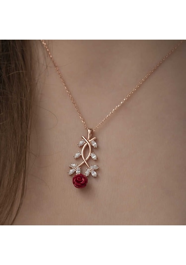 925 Ayar Gümüş Rose Kırmızı Gül Gümüş Kolye Gümüş