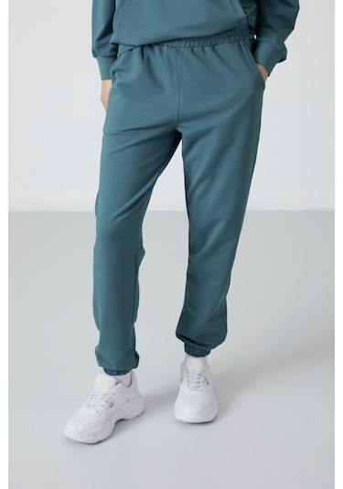 Tommy Life Orman Yeşili Kapüşonlu Kanguru Cep Oversize Lastik Paça Kadın Eşofman Takımı - 95288 Yeşil