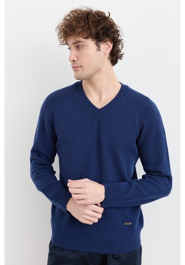 Erkek V Yaka Basic Yün Kazak İndigo İndigo