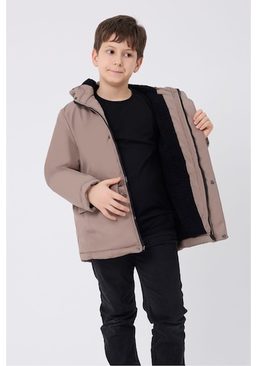Erkek Çocuk Vizon Içi Kürklü Su Ve Rüzgar Geçirmez Kapüşonlu 3 Cep Kışlık Mont & Kaban & Parka Vizon
