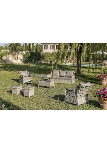 Lüks Rattan Oturma Ve Yemek Seti 7 Kişilik - Bahçe/balkon Gri