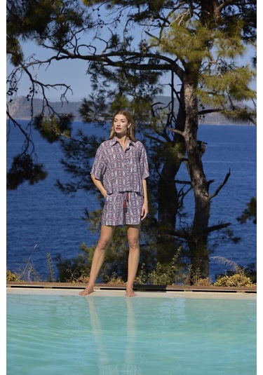 Monamise Kadın Etnik Desenli Önü Düğmeli Gömlek Yaka Alt Üst Takım 25022 Kiremit