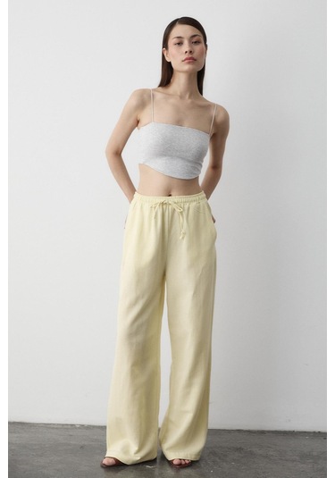 Sarı Beli Lastikli Pamuklu Keten Pantolon Sarı