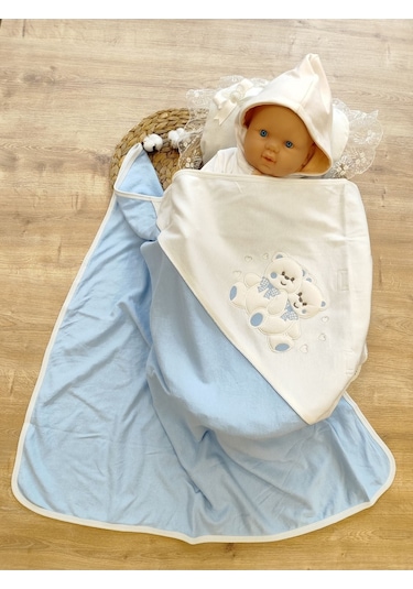 %100 Pamuklu & Mevsimlik Bebek Battaniyesi - Kahverengi & Ayıcık Nakışlı Bebek Örtüsü 80x90 Cm Mavi