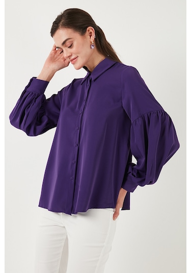 Lela Regular Fit Dikiş Detaylı Düz Yaka Balon Kol Bayan Gömlek 611Go00003 Mor