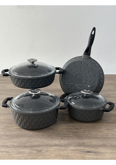 Taç Carabella Döküm Cam Kapaklı 7 Parça Tencere Seti Gri