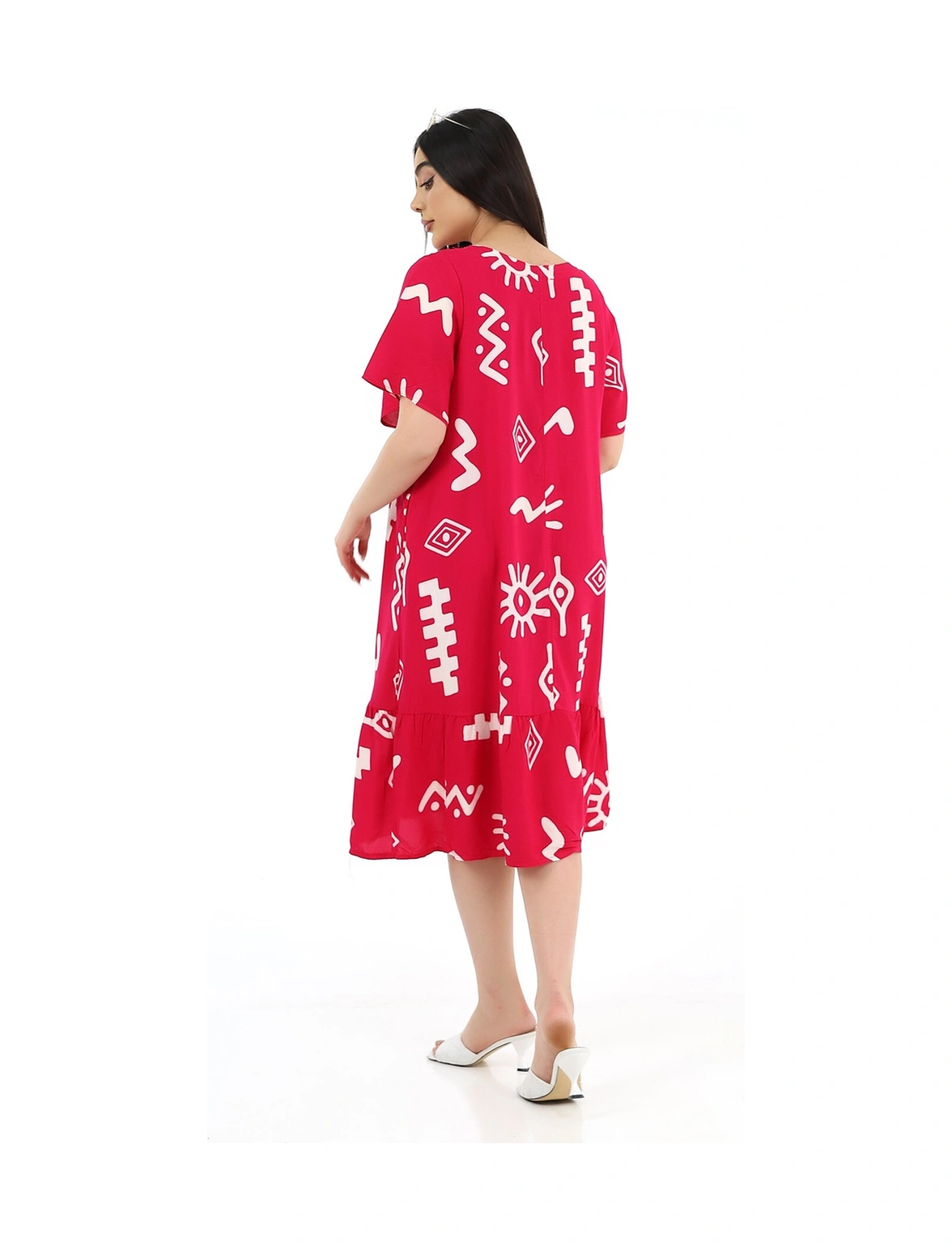 Schık Kadın Viskon Yarım Kol V Yaka Cepli Fırfırlı Elbise Kırmızı Kırmızı