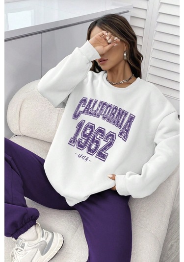 Modagen Unisex Mor Beyaz Bisiklet Yaka California Baskılı Alt-üst Eşofman Takımı Mor-beyaz