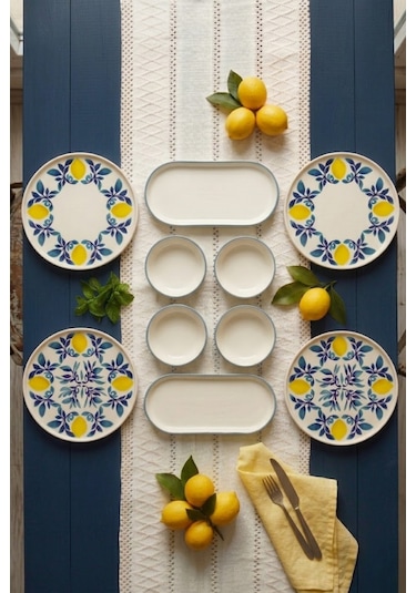 Limon 10 Parça 4 Kişilik Handmade Stackable Seramik Tabak Seti Premium Sunum & Kahvaltı Takımı Beyaz