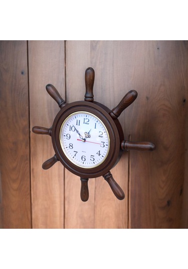 Eskitme Ahşap Gemici Dümen Duvar Salon Ofis Saati Çap 38 Cm Eskitme
