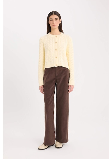 DeFacto Regular Fit Bisiklet Yaka Saç Örgülü Düğmeli Triko Hırka C9044AX24WNER109 Ekru