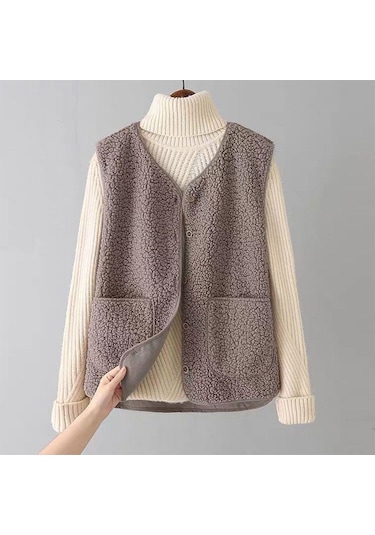 Kadın Güz Kış Yelek Ceket Düz Renk V Boyun Kolsuz Düğme Kapatma V Boyun Yumuşak Sıcak Cepler Hırka Bayan Yelek Haki