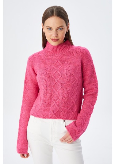 6855 Kadın Dik Yaka Saç Örgülü Triko Kazak Fuşya Fuşya