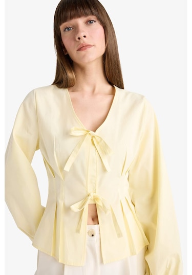 Defacto Fitted V Yaka Önden Bağlamalı Poplin Uzun Kollu Bluz G2178ax25wnyl509 Sari
