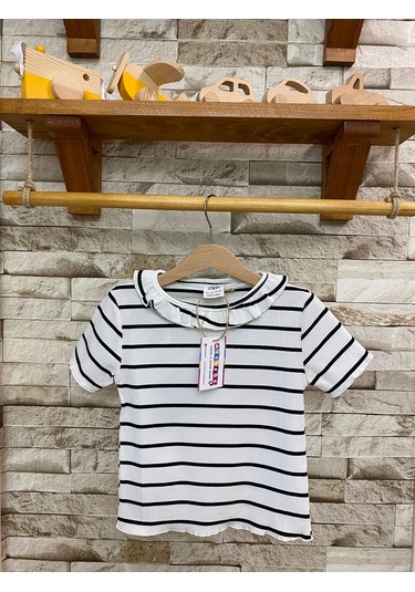 Aysbebe Fırfır Yaka Çizgi Desenli Yazlık Kız Çocuk Tişört Krem 1561