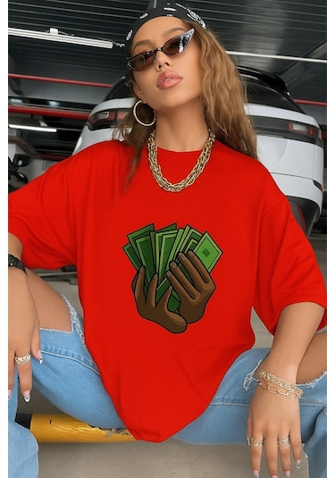 Unisex Siyah Oversize Baskılı Tshirt Kirmizi