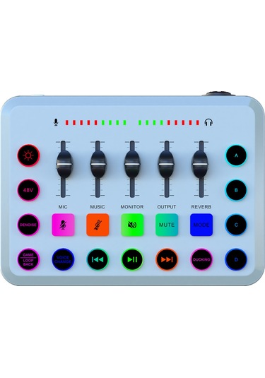 Yifomall F11 Canlı Yayın Ses Kartı: 48v Xlr Ve Dinamik Mikrofon Desteği, 4 Özel Ses Efekti, Gürültü Azaltma, Rgb Işık, Telefon-bilgisayar Uyumlu Beyaz