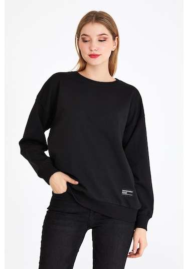 Comeor Kadın Siyah Basic Bisiklet Yaka Regular Fit Rahat Sweatshirt 001