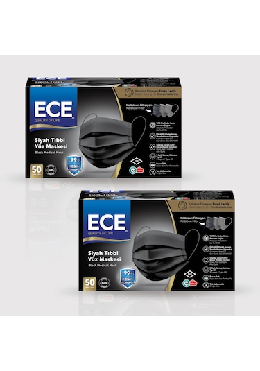 Ece Full Ultrasonik Meltblownlu Maske 50 x 2 100 Adet Siyah