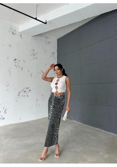 Zeo Basic Leopar Desenli Maxi Etek Haki