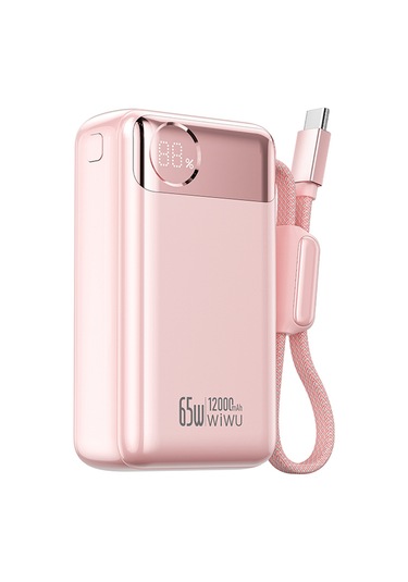 Wiwu T132 Power Plus Serisi Type-c Kablolu Pd Powerbank 65w 12000mah Pembe