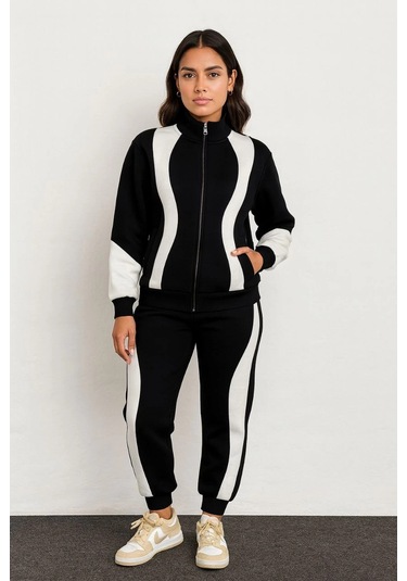 Kadın Premium Parçalı Eşofman Takım - Dik Yaka Fermuarlı Sweatshirt - Siyah Çok Renkli