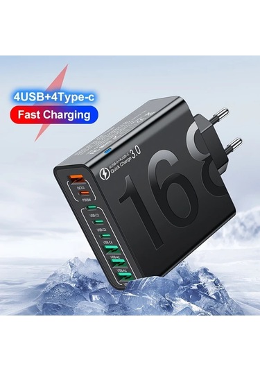 Xuweiwei Kaxoe 8in 1 Hızlı Şarj Siyah Usb Adaptör 4 Usb 4 Type C Telefon Şarj Aleti Qc 3 0 İphone Uyumlu Samsung İçin Siyah