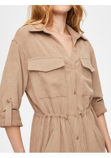 Kendinden Dokulu Şönil Gömlek Elbise 69228 U6922872 Taş