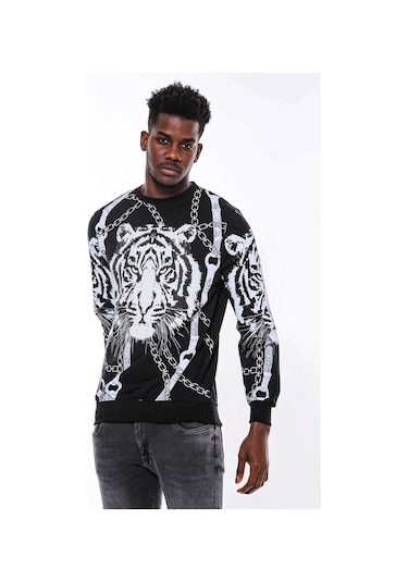Wessi Siyah Taşlı Baskılı Bisiklet Yaka Sweatshirt Siyah