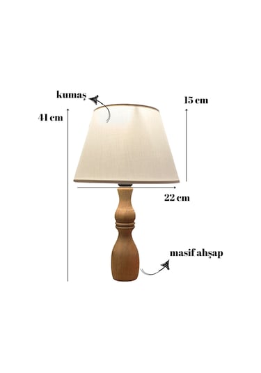 Glad Masif Ahşap Ayaklı Zarif Abajur Konik Krem Başlıklı Masa Lambası Komodin Abajur Krem