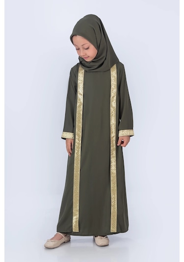 Eşarplı Ferace Medine İpek Kumaş Kız Çocuk Yeşil