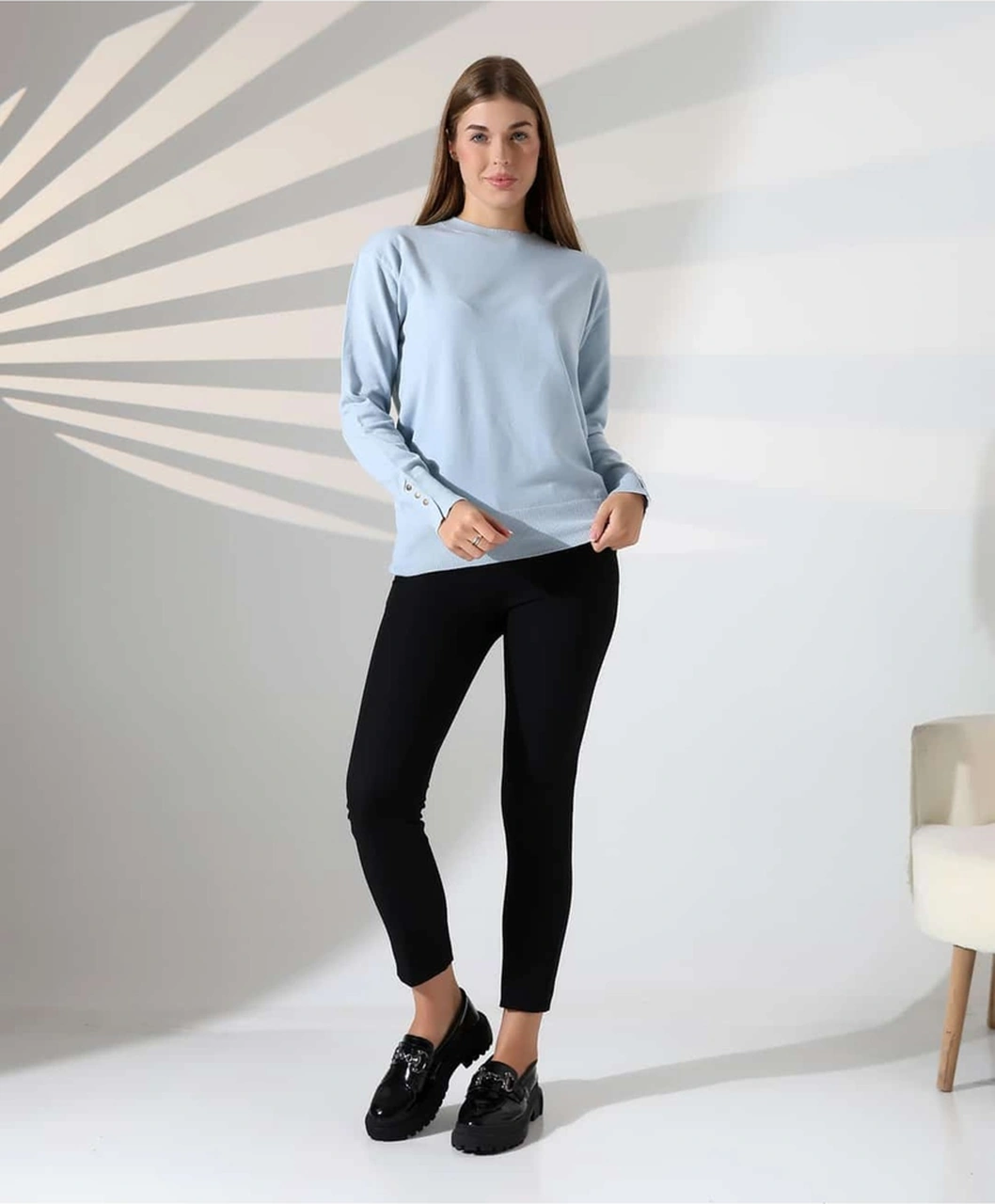 Gündelik Şıklık Kol Düğme Detay Triko Kazak Mavi