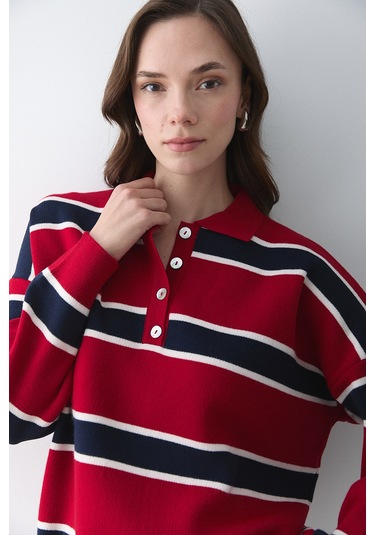 Kırmızı Lacivert Polo Yaka Şeritli Kazak - 251129 Kırmızı - Lacivert