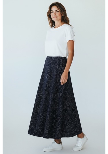 Kadın Beli Lastikli Desenli Sekiz Parça Balık Etek Mavi