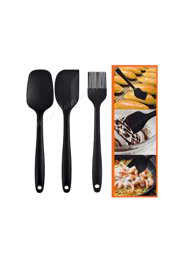 Isıya Dayanıklı Yanmaz Yapışmaz Silikon Spatula Seti 3 Parça Siy