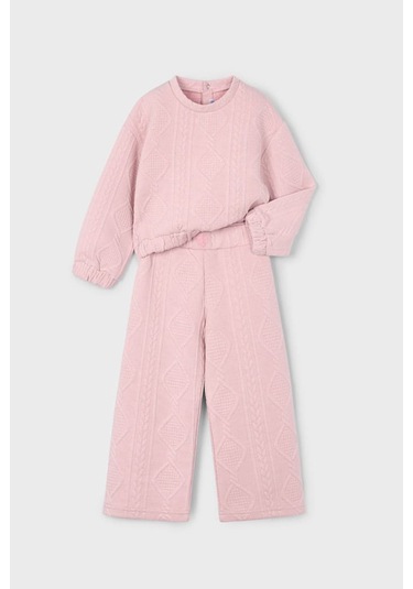 Kız Çocuk Baklava Desenli Geniş Paça Takım - Pembe KREM